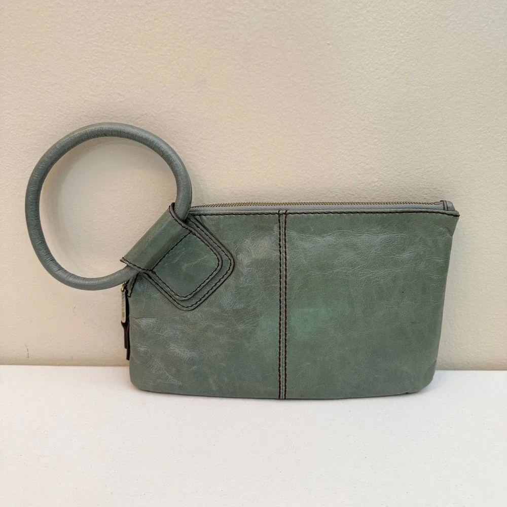 Hobo Sage Green Leather Circle Handle Wristlet Clutch Bag Purse Boho Coastal